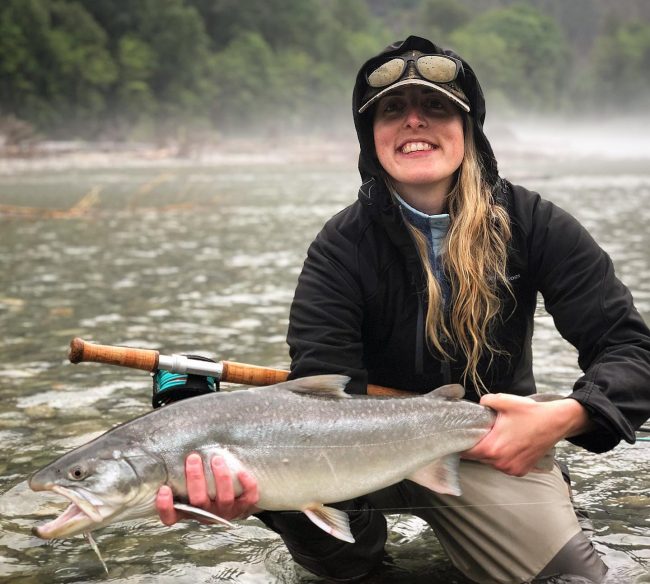 Amanda Fitch with a Pitt River Bull Trout at the Pitt River Wilderness Losge